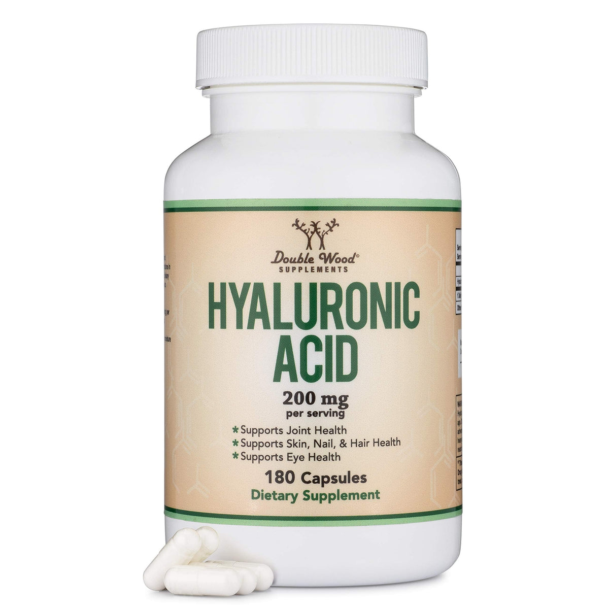 Double Wood Hyaluronic Acid Supplements bottle, 180 capsules