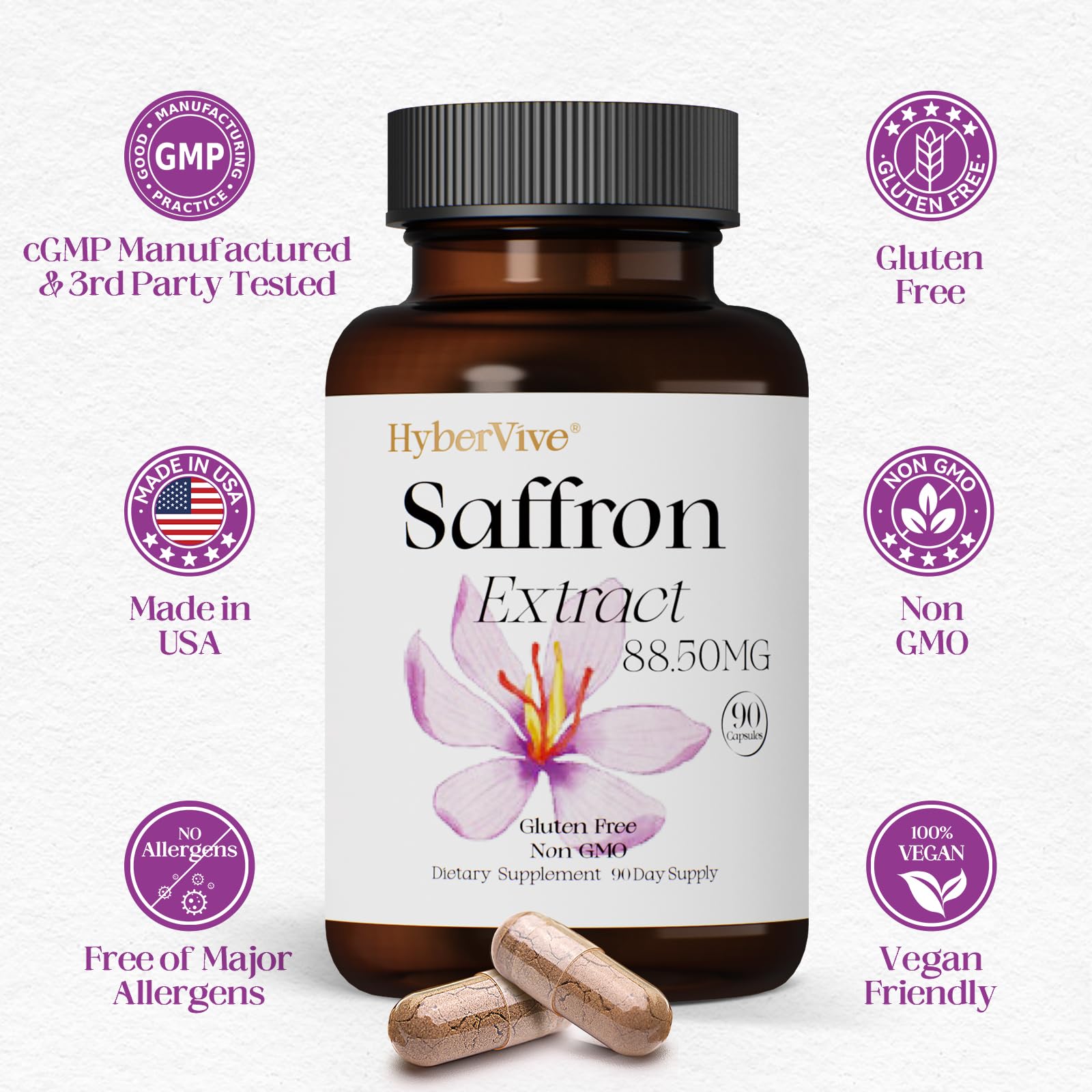 Made in USA branding on HyberVive saffron supplement bottle