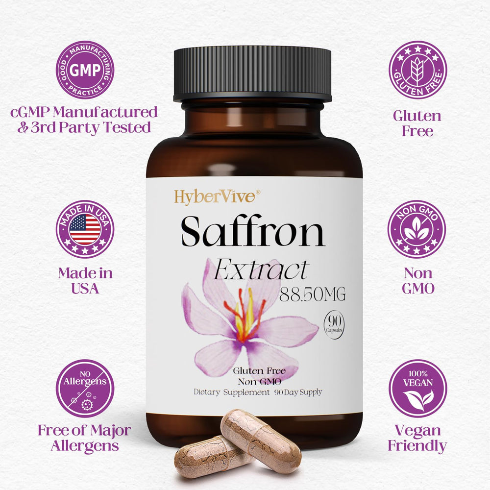 Made in USA branding on HyberVive saffron supplement bottle