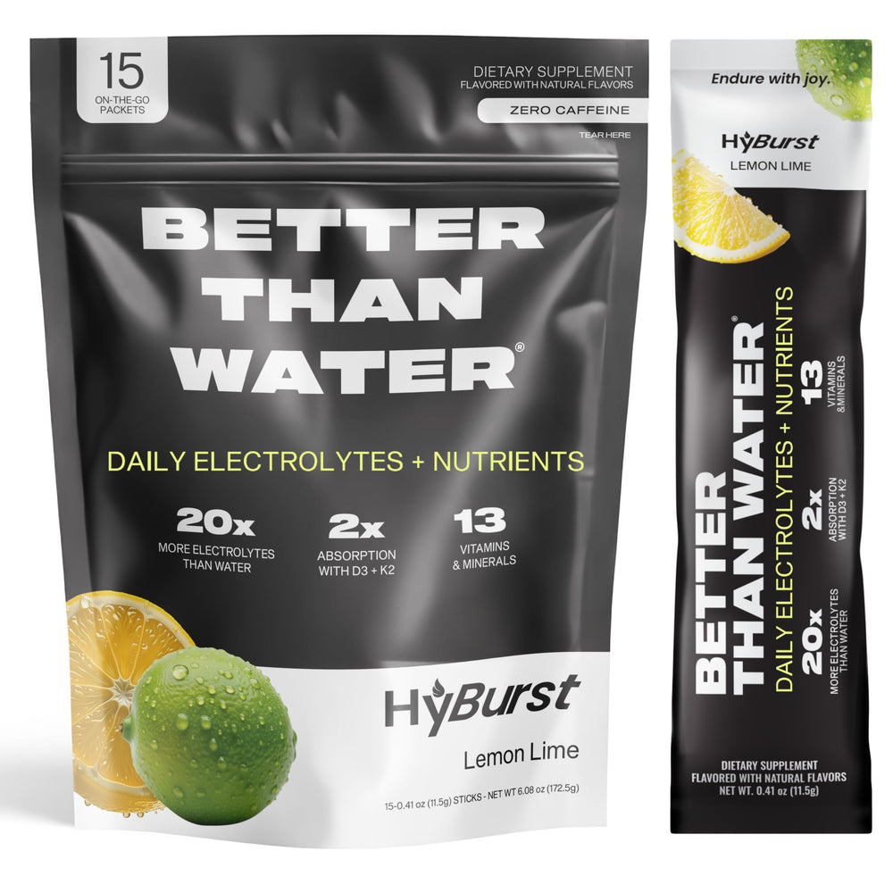 Hyburst electrolyte powder lemon lime tub for refreshing hydration on the go.