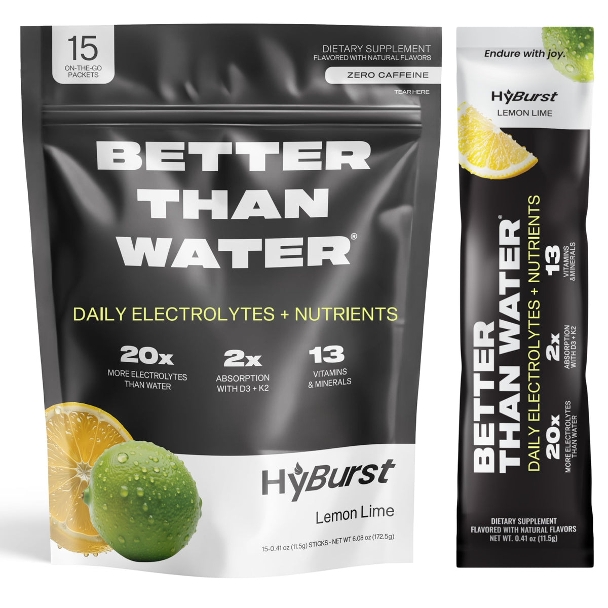 Hyburst electrolyte powder lemon lime tub for refreshing hydration on the go.