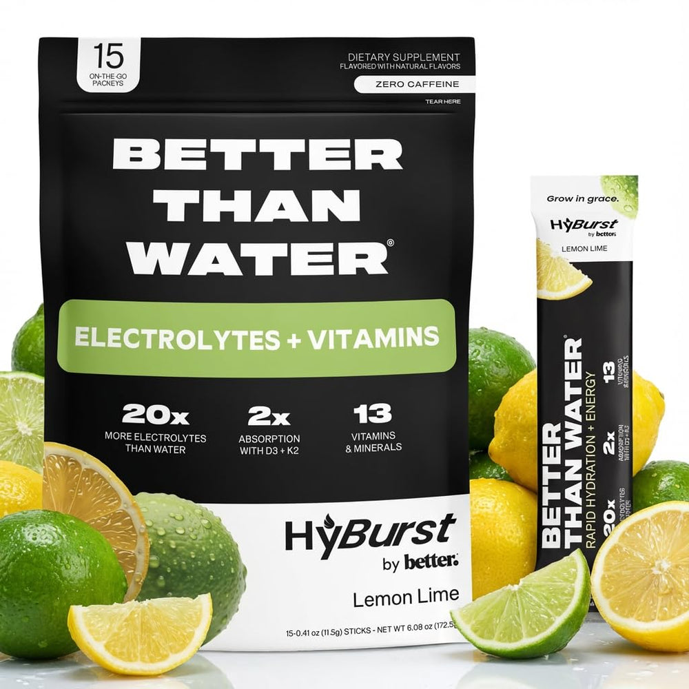 Hyburst electrolyte powder lemon lime tub for refreshing hydration on the go.