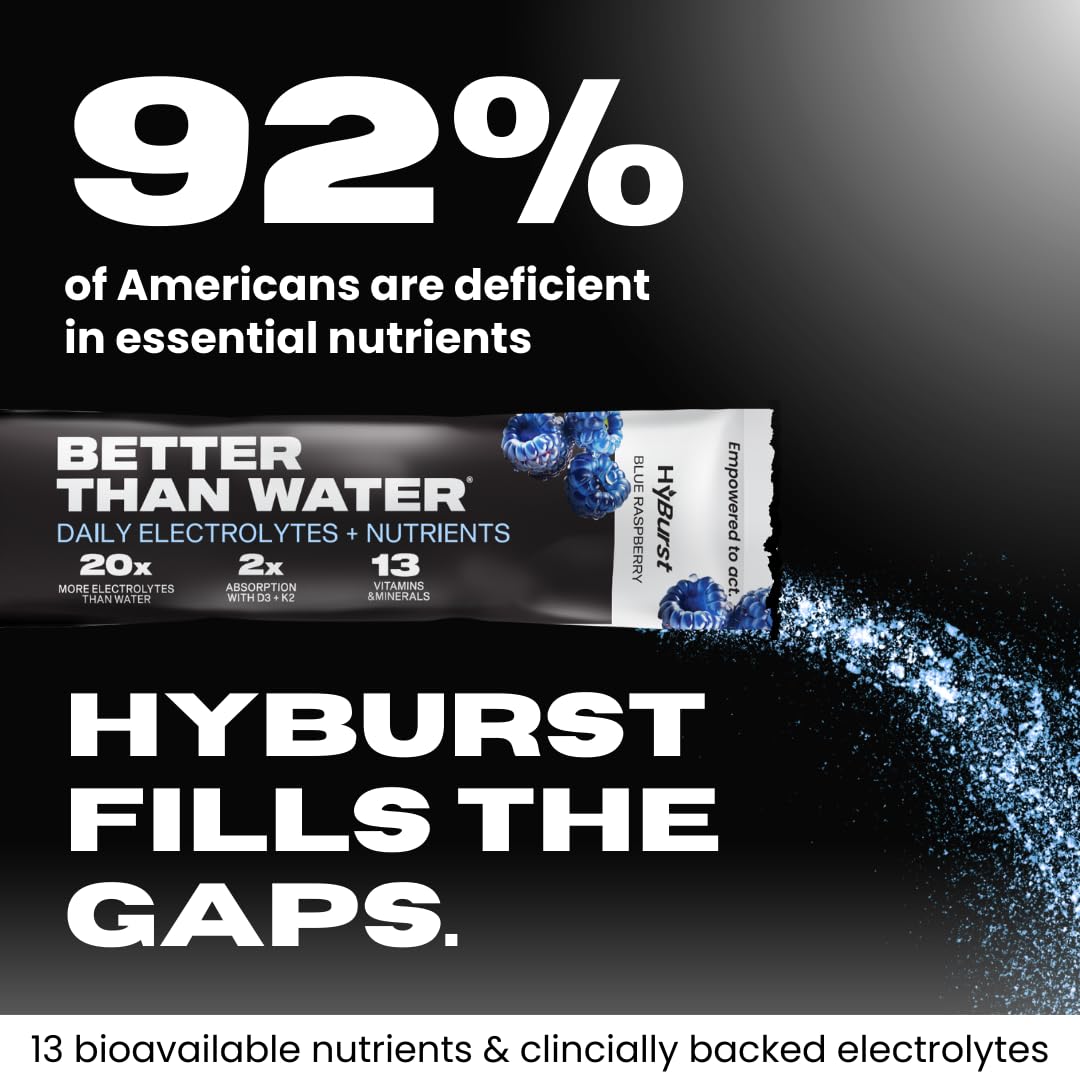 Hyburst electrolyte powder pack label showing vegan, non-GMO, gluten-free info