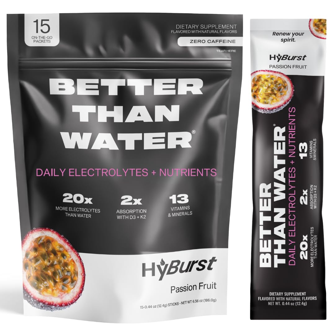 Hyburst electrolyte powder tub front shows passion fruit flavor for refreshing hydration
