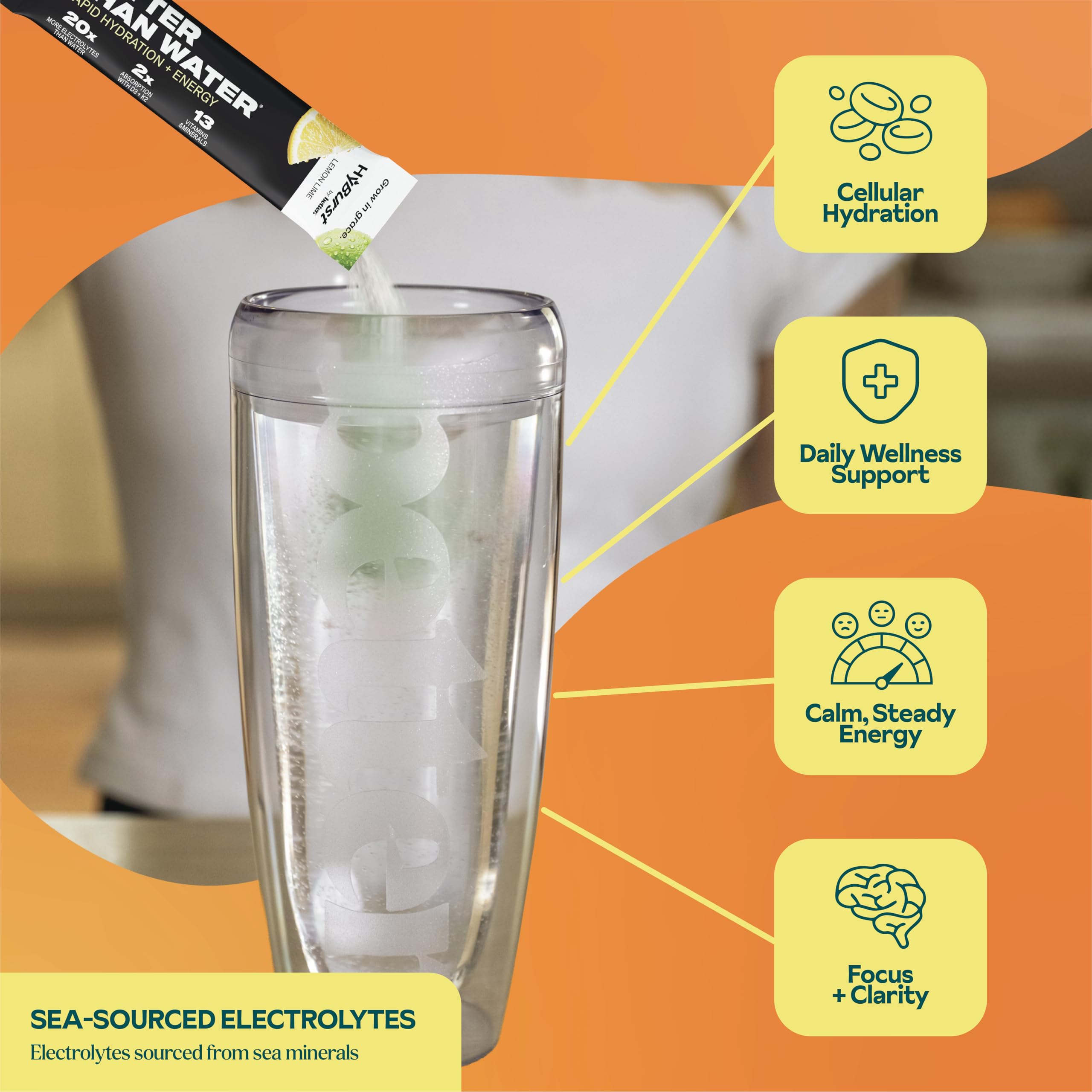 Hyburst powder scoop measuring a serving for daily electrolyte and vitamin support.