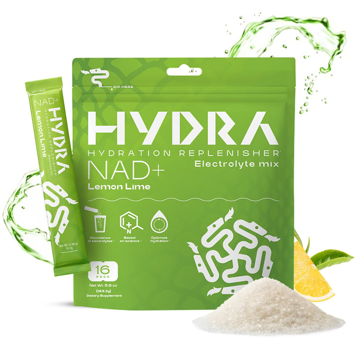 Hydra Powders NAD+ Electrolyte Packets Lemon Lime - box front