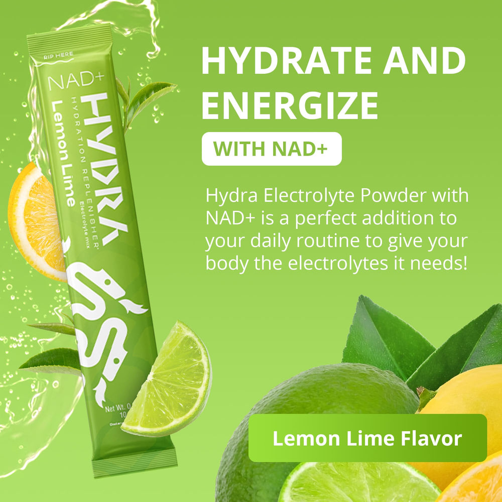 Close-up of Hydra NAD+ electrolyte powder packets