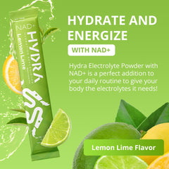 Close-up of Hydra NAD+ electrolyte powder packets