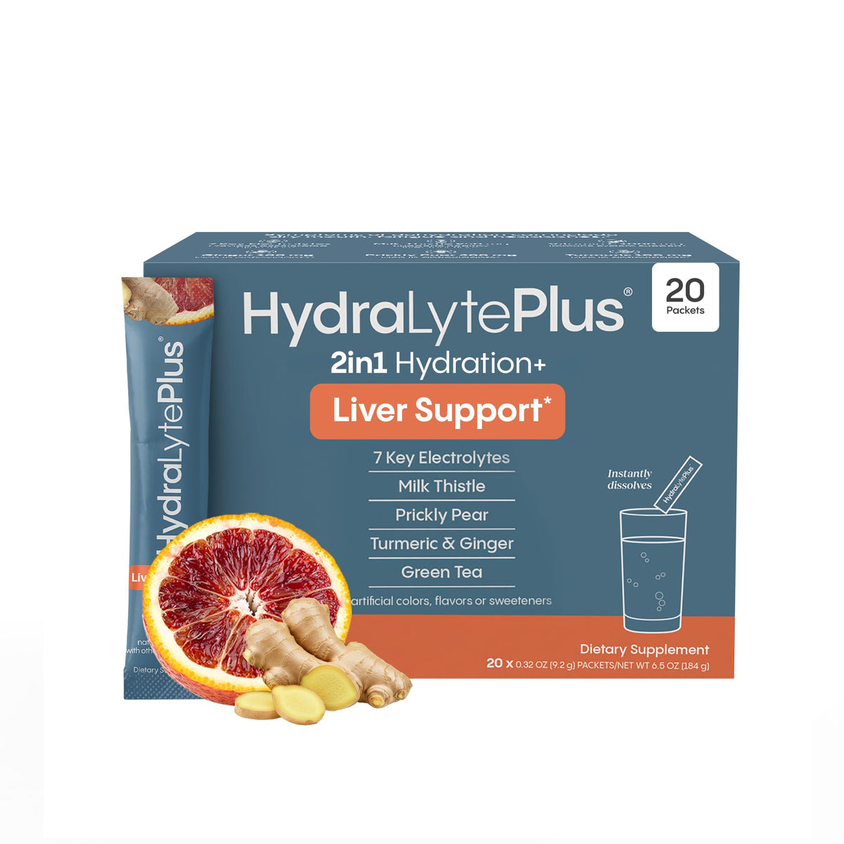 Product front view of Hydralyte Liver Support + Electrolyte Mix in Blood Orange Ginger flavor (20 packets)