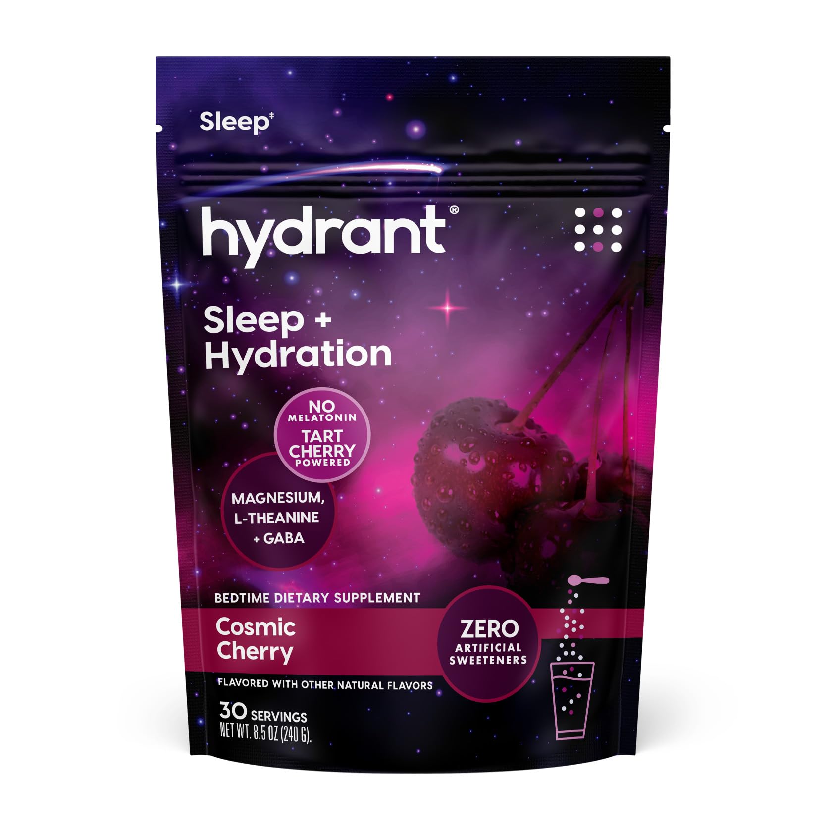 Hydrant Melatonin-Free Sleep Aid Powder Cosmic Cherry packaging – 30 pack
