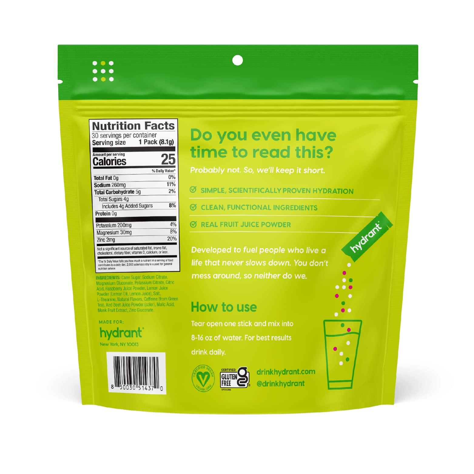 HYDRANT on-the-go-pack shows travel-friendly hydration in a compact packet.