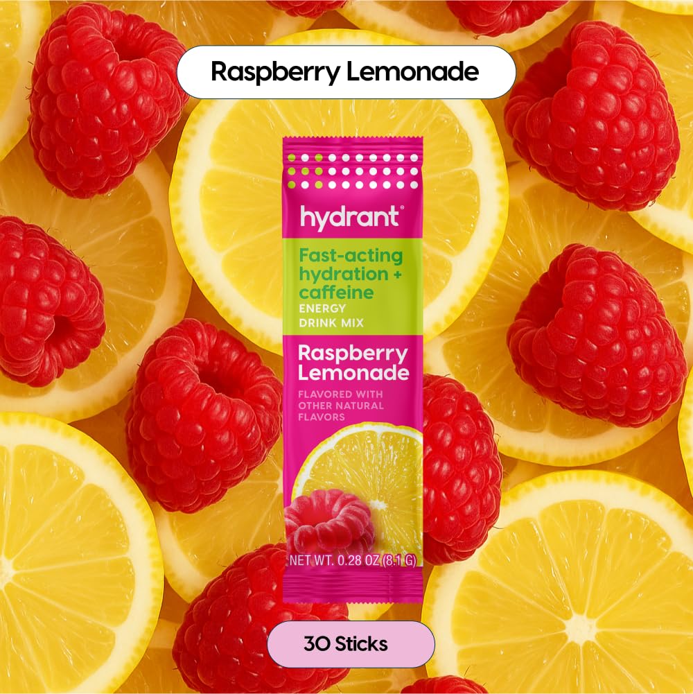 Hydrant Raspberry Lemonade electrolyte stick packs arranged on white