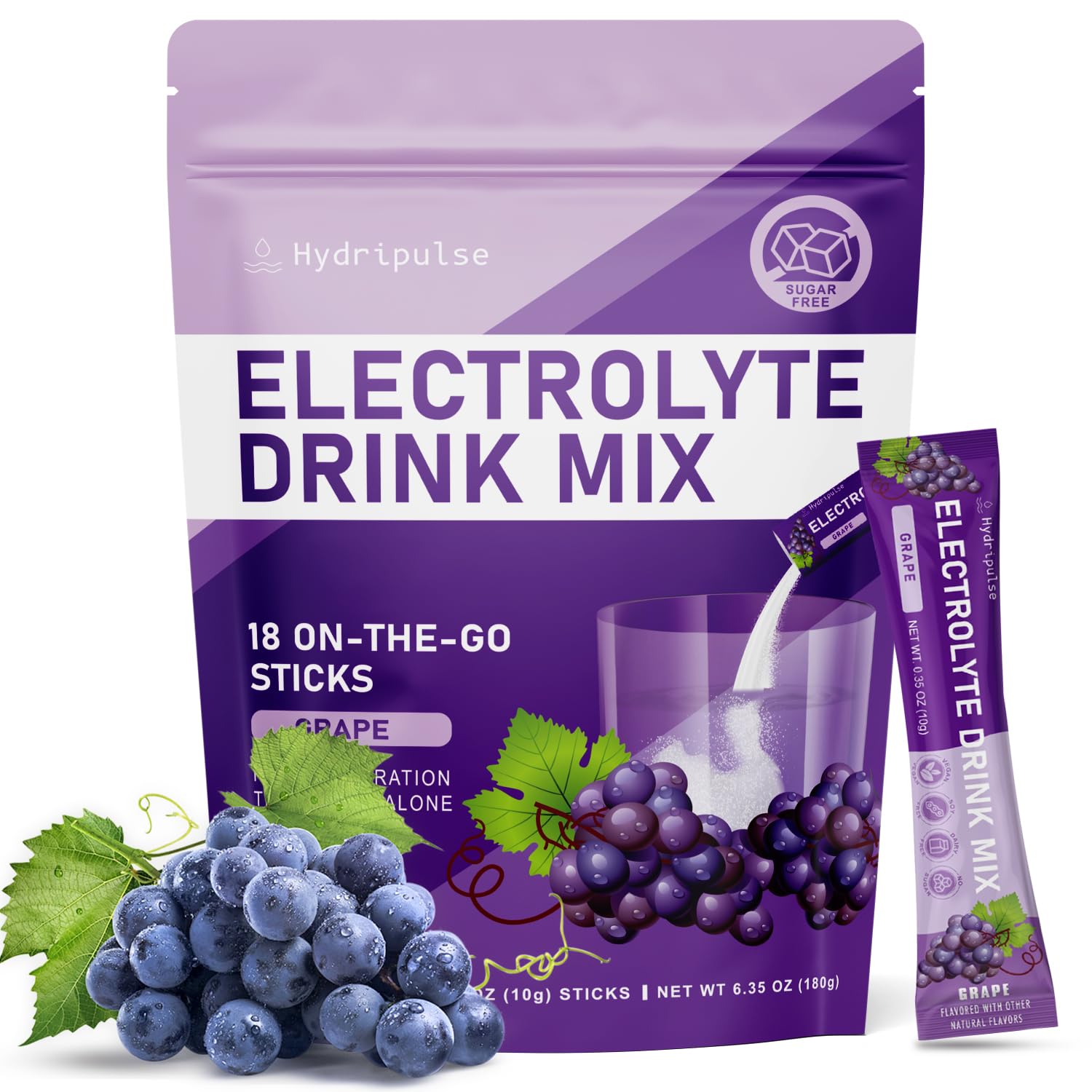 HydriPulse grape electrolyte packets side view for on-the-go hydration