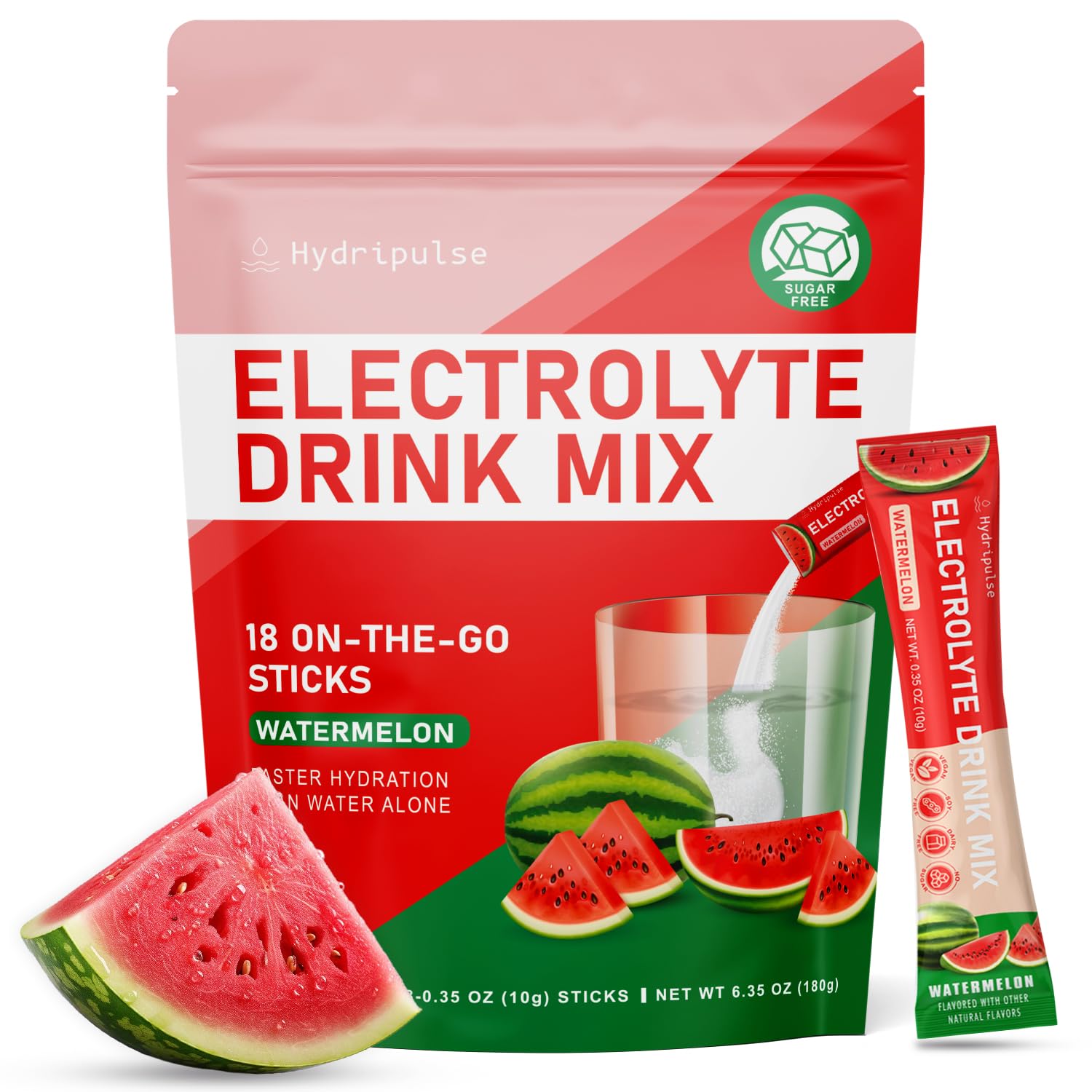 HydriPulse watermelon powder packet closeup showing on-the-go hydration