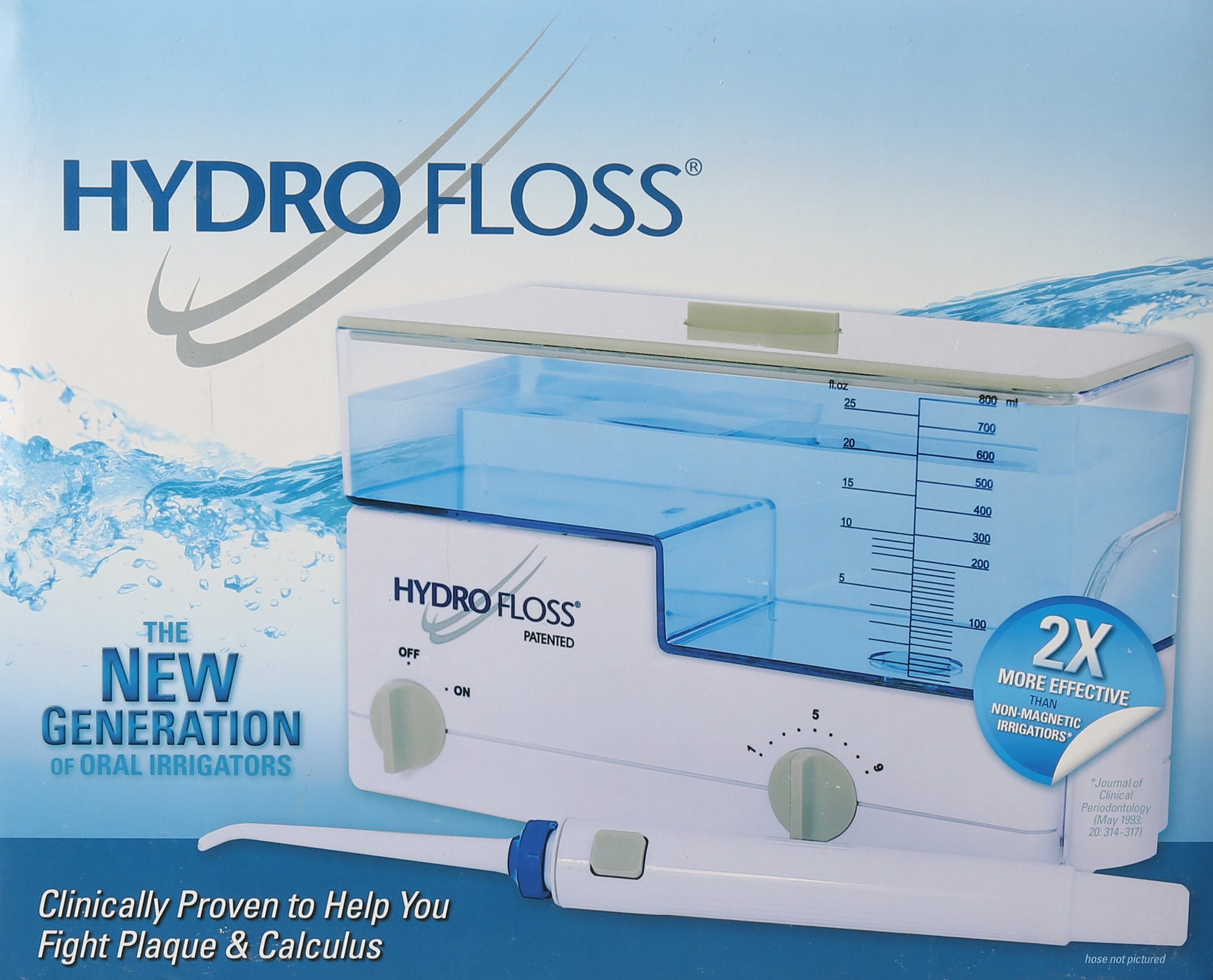 Close-up of Hydro Floss irrigator showing 800ml reservoir and color-coded jet tips