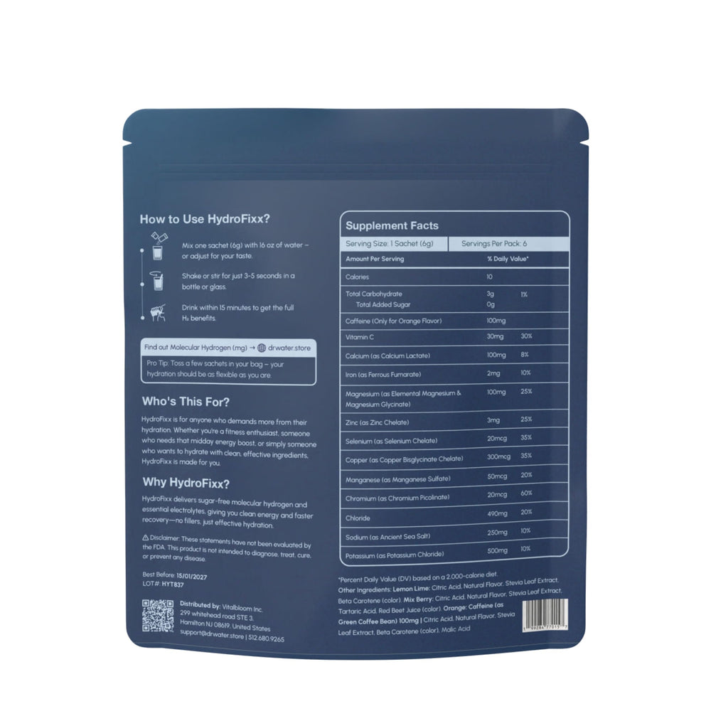 HydroFixx MixBerry flavor sachets in box