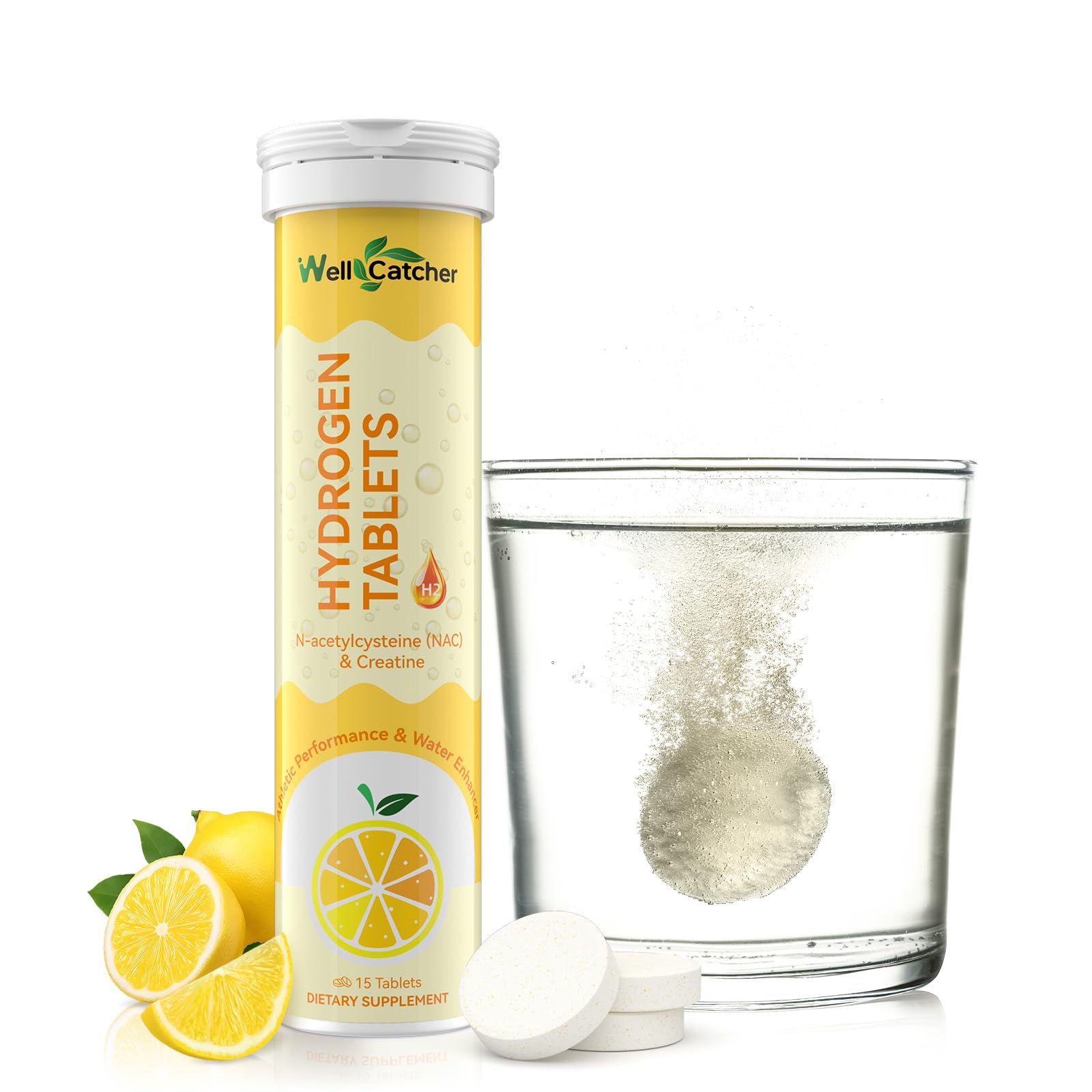 Glass of lemon-flavored water with dissolved hydrogen tablets