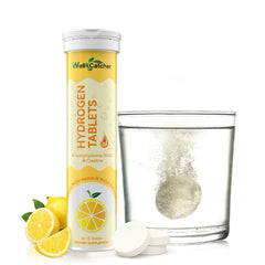 Glass of lemon-flavored water with dissolved hydrogen tablets