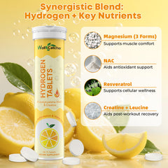 Close-up of hydrogen tablets next to lemon slice and packaging