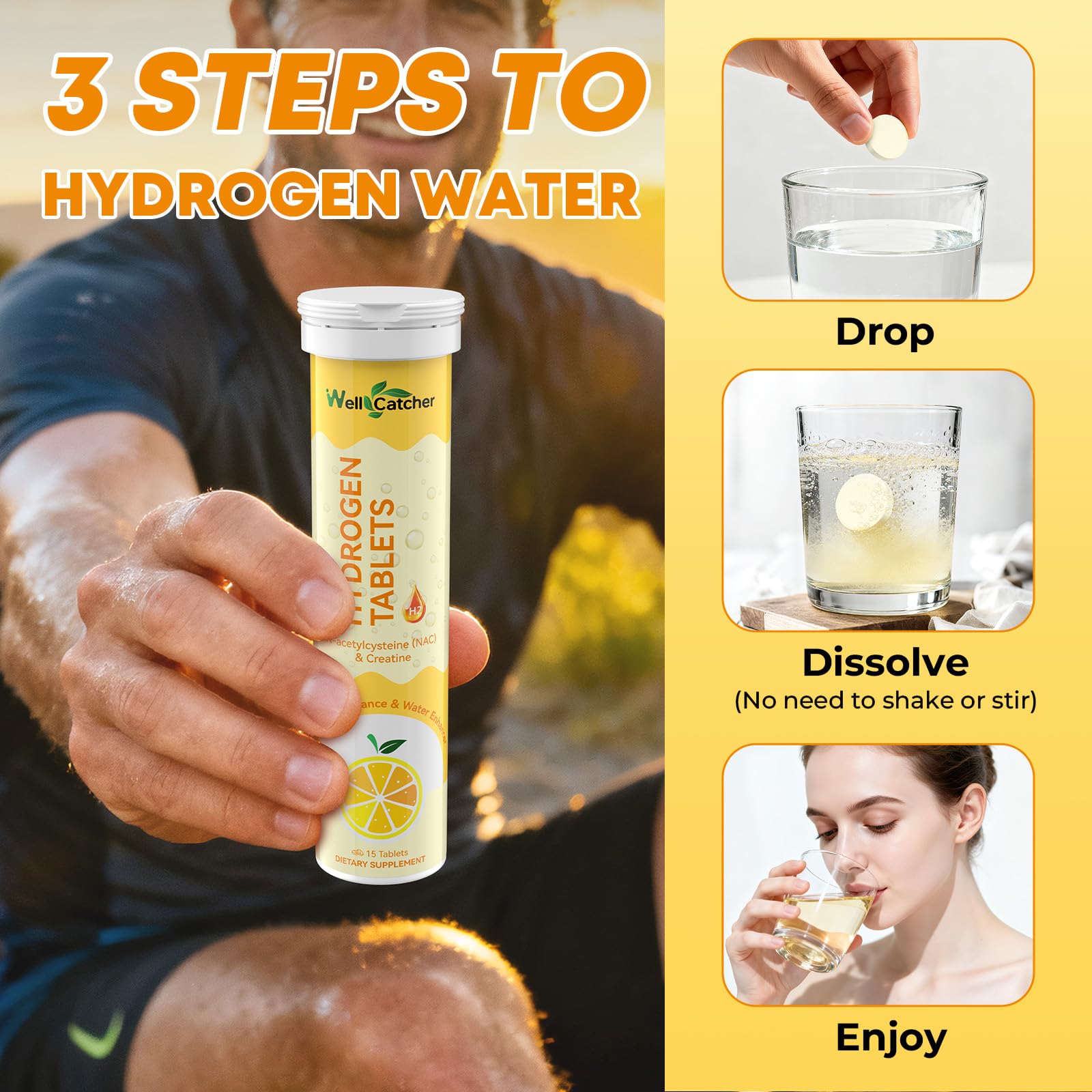 Person exercising or post-workout using hydrogen tablets for recovery