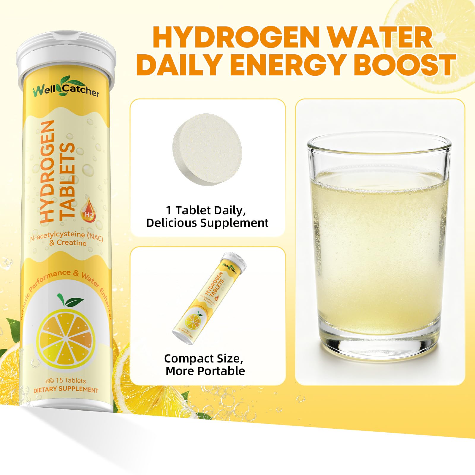 On-the-go use: hand holding a glass of lemon water with tablets