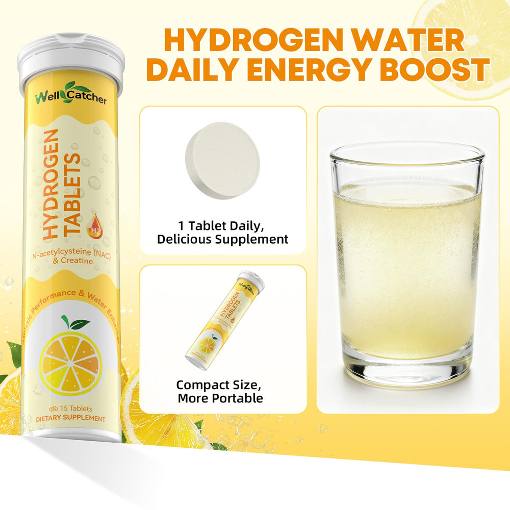 On-the-go use: hand holding a glass of lemon water with tablets