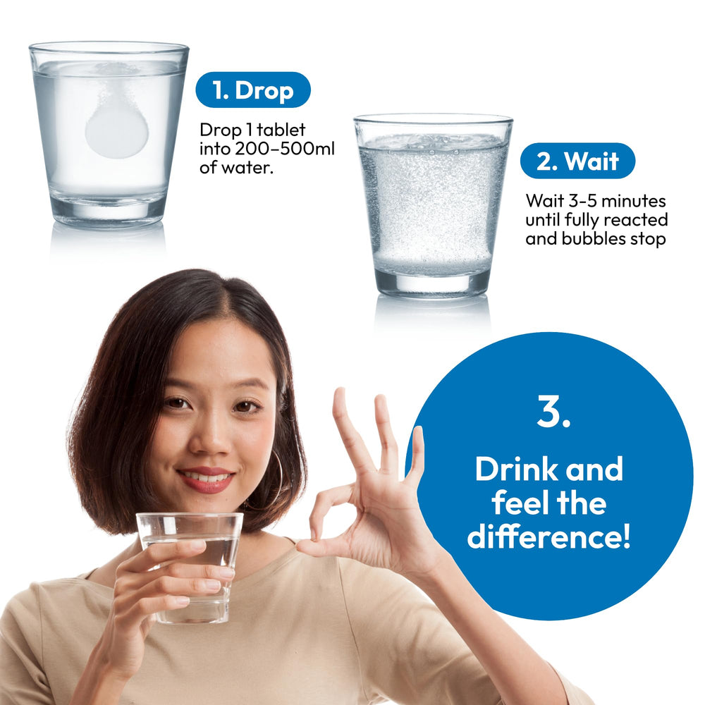 Hydroh tablets in hand indicating easy daily-use for a wellness routine