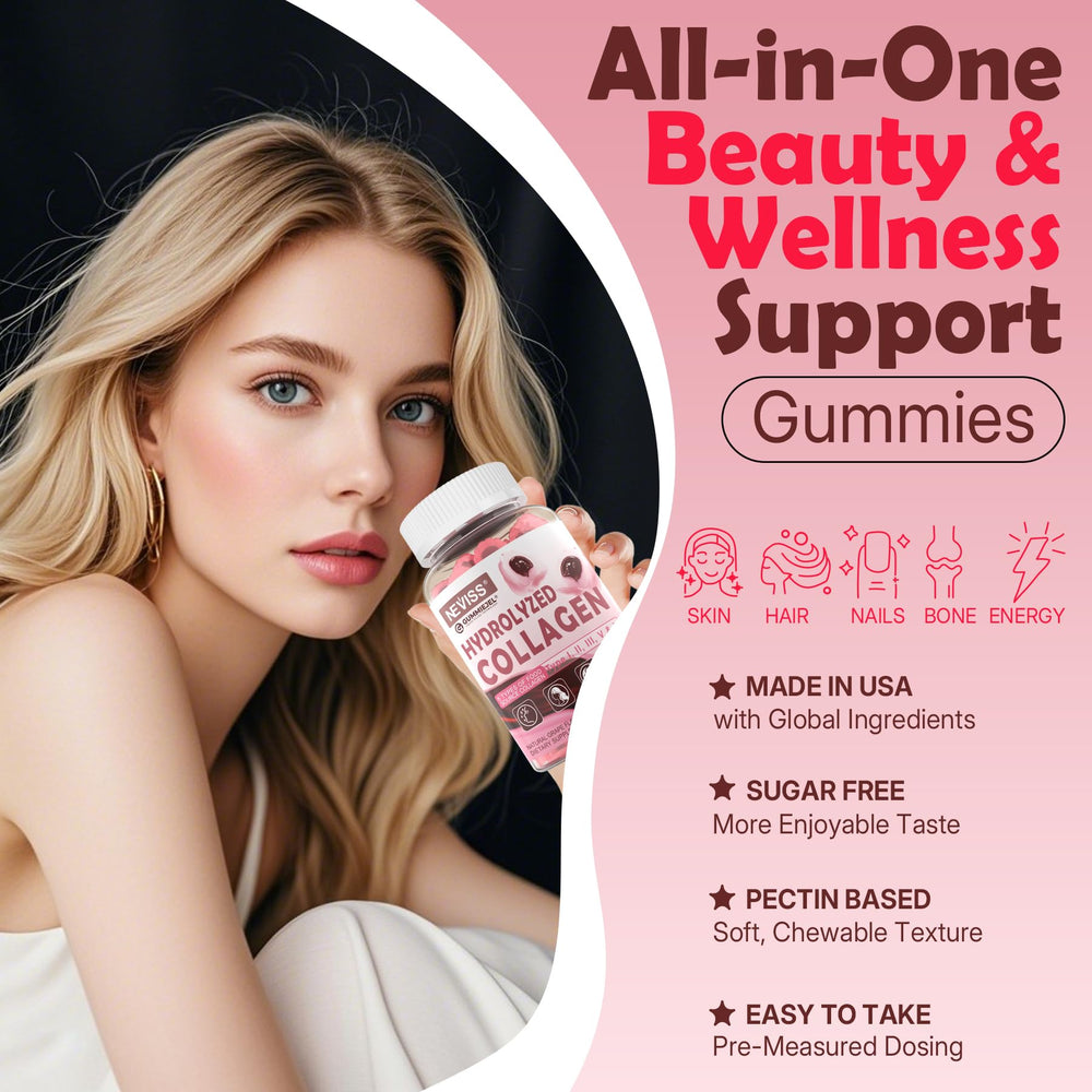 Illustration of benefits for hair, skin and nails from collagen gummies