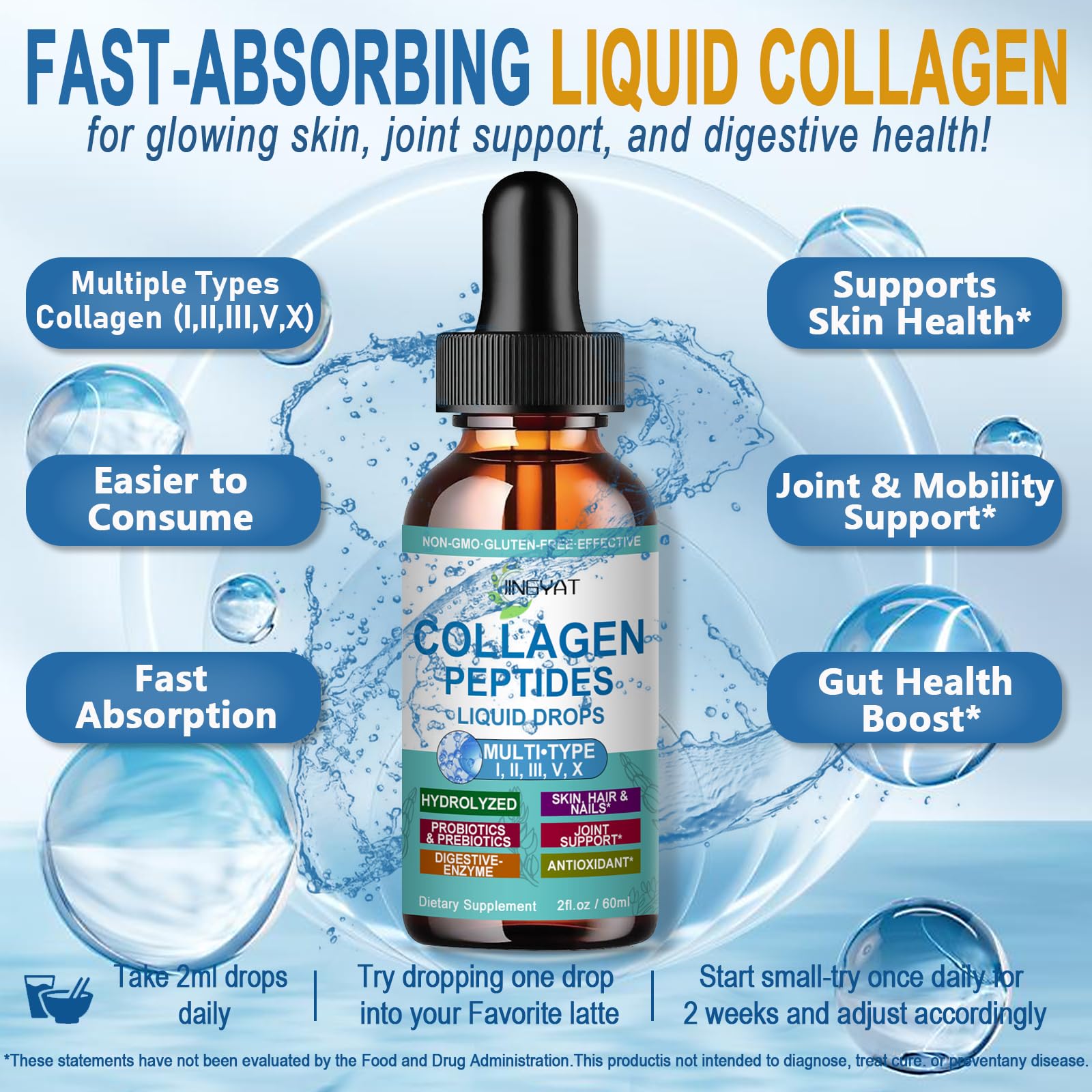 Hydrolyzed collagen liquid drops for fast absorption