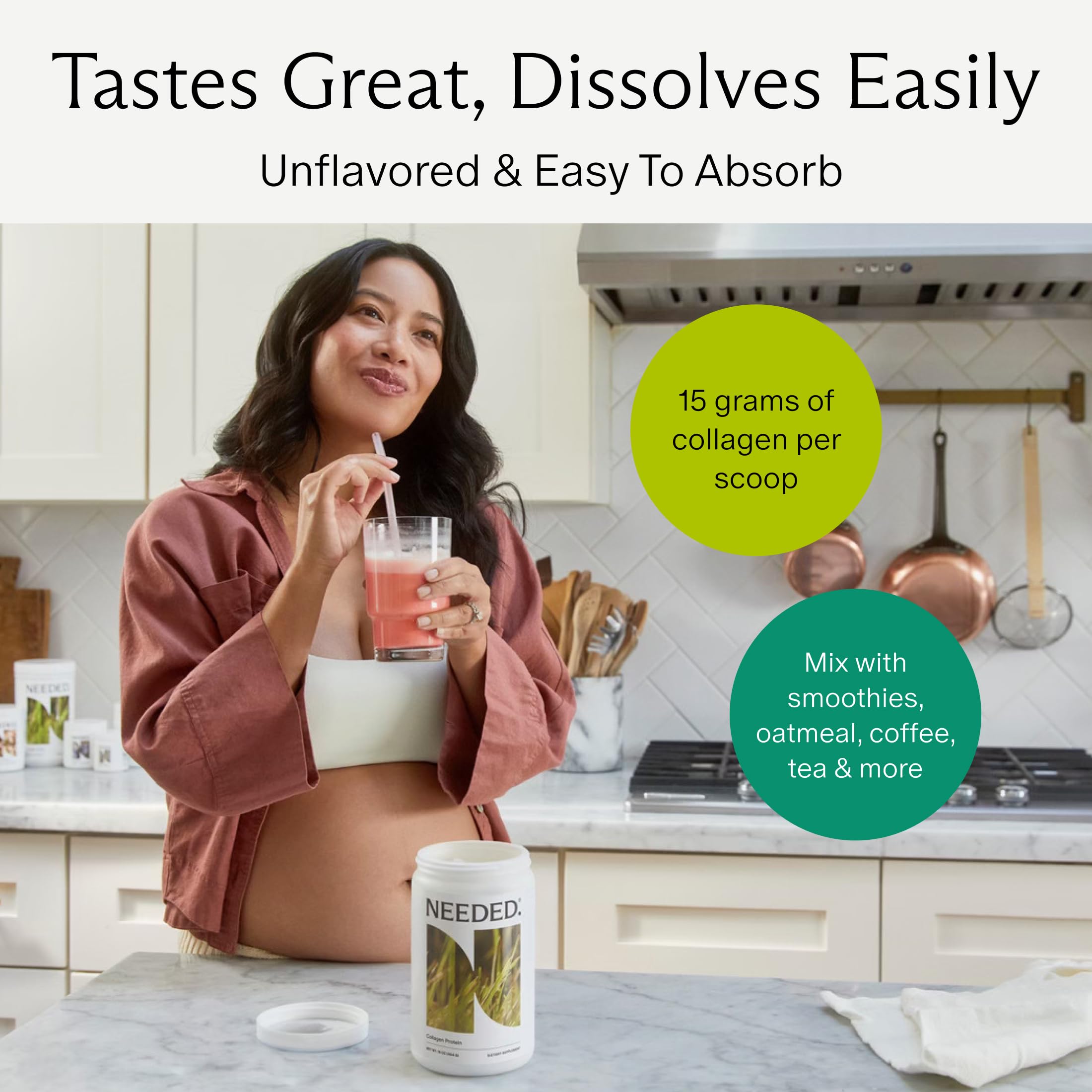 Pouring hydrolyzed collagen powder into a measuring scoop