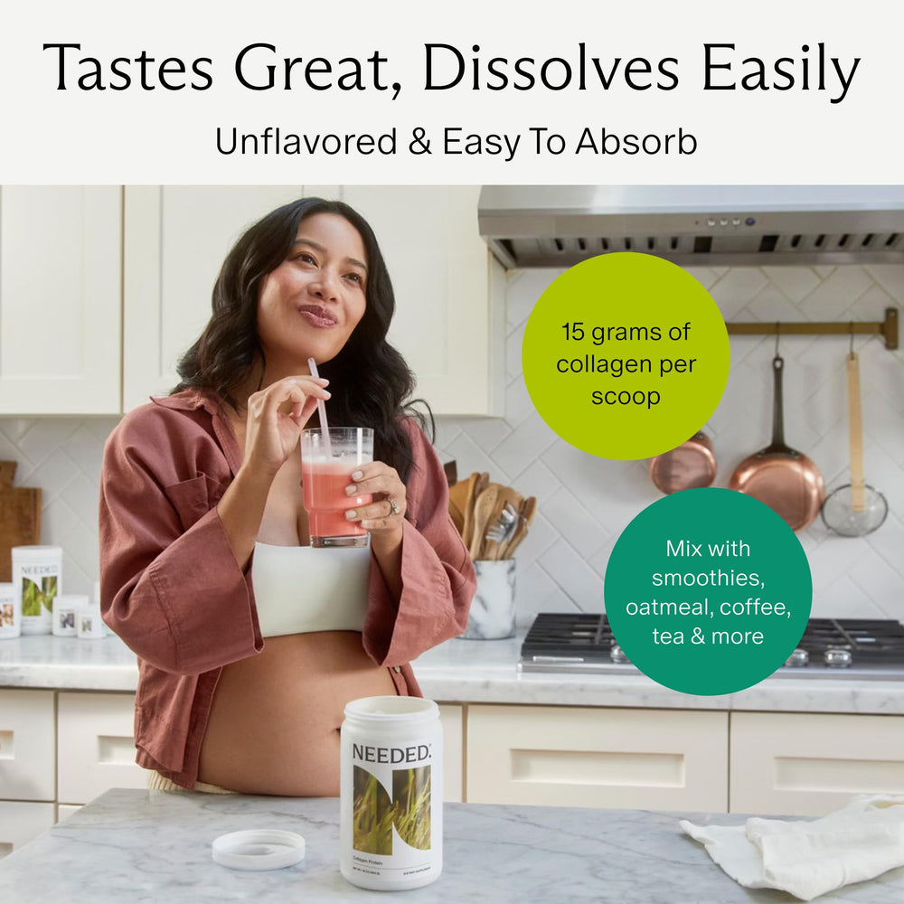 Pouring hydrolyzed collagen powder into a measuring scoop