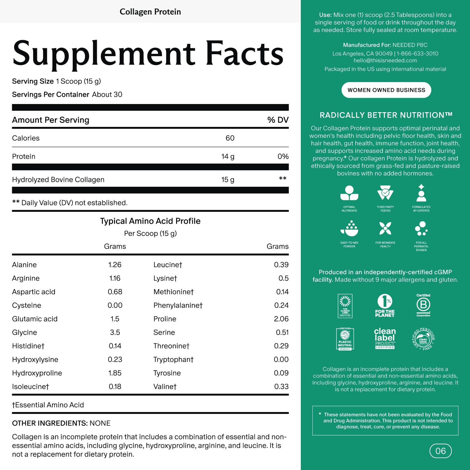 Back view of collagen powder bottle showing supplement facts