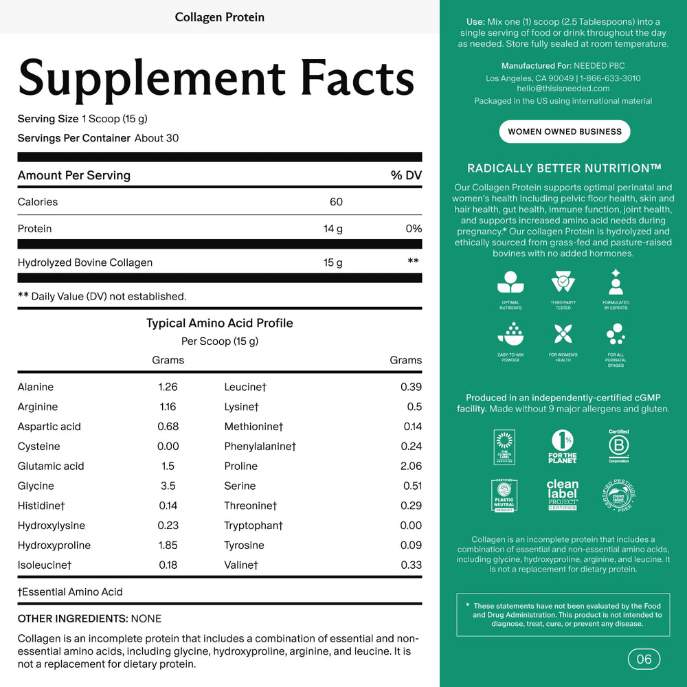 Back view of collagen powder bottle showing supplement facts