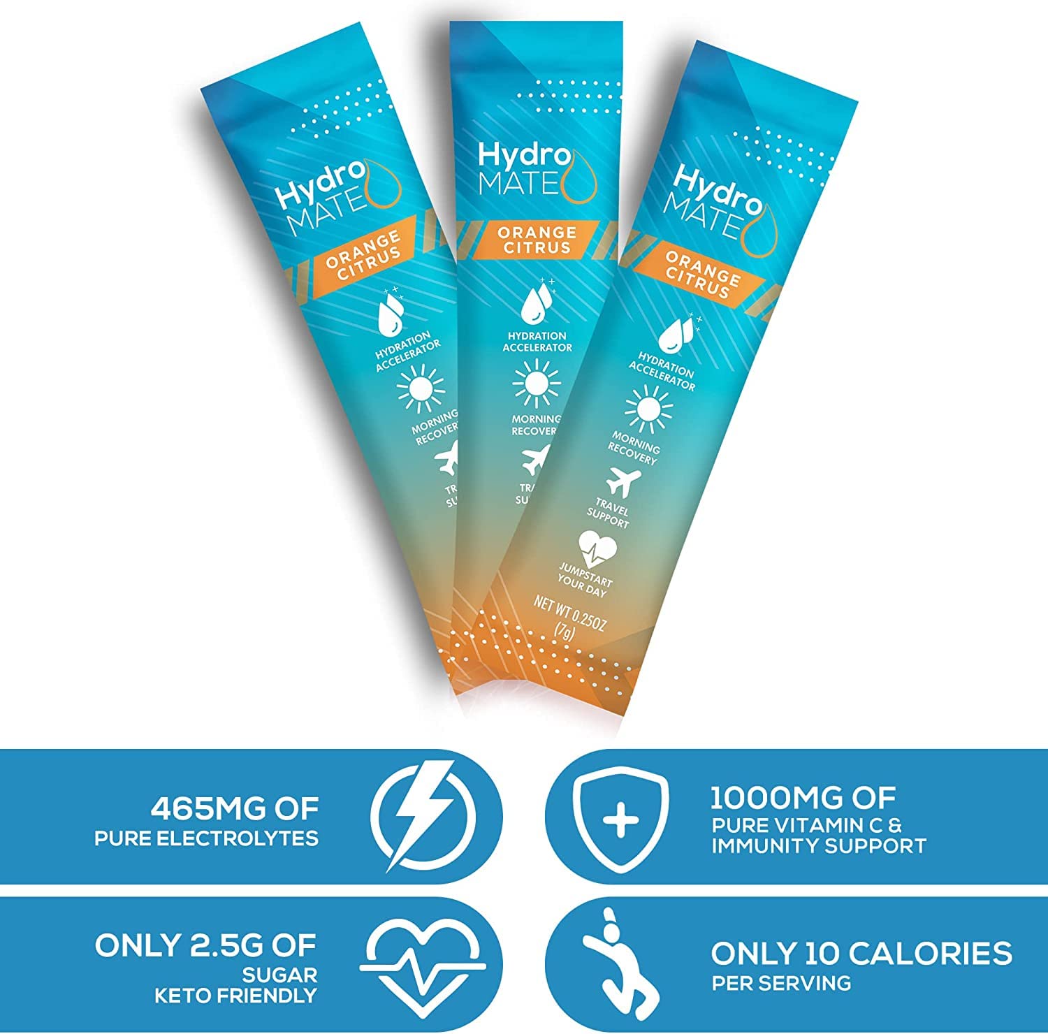 HydroMATE electrolytes orange packets in travel-size moisture-proof pouch for portability