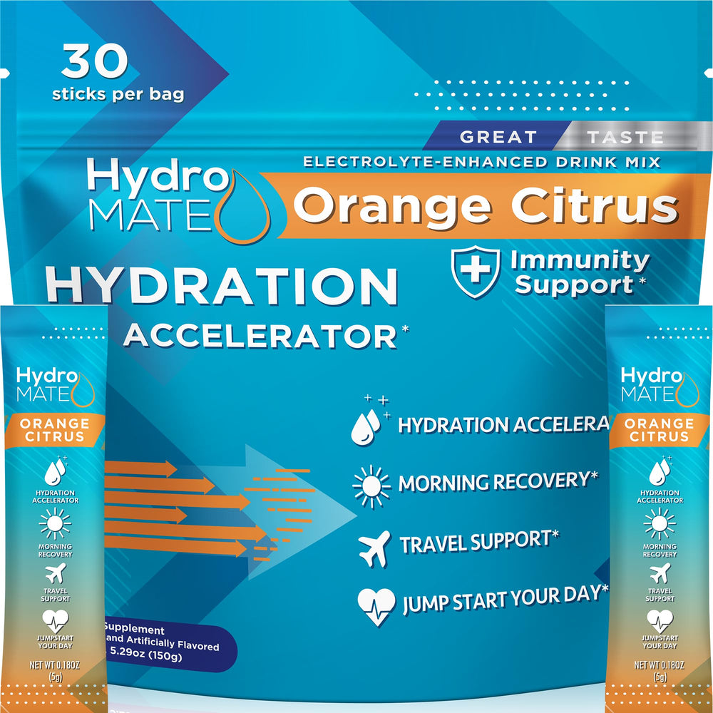 HydroMATE orange electrolyte packets for quick on-the-go hydration