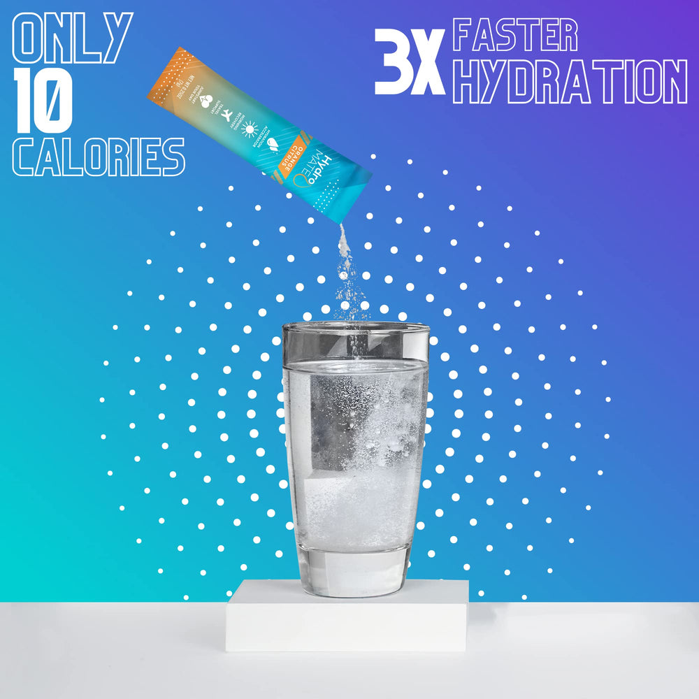 HydroMATE electrolytes orange powder being poured into glass for fast hydration