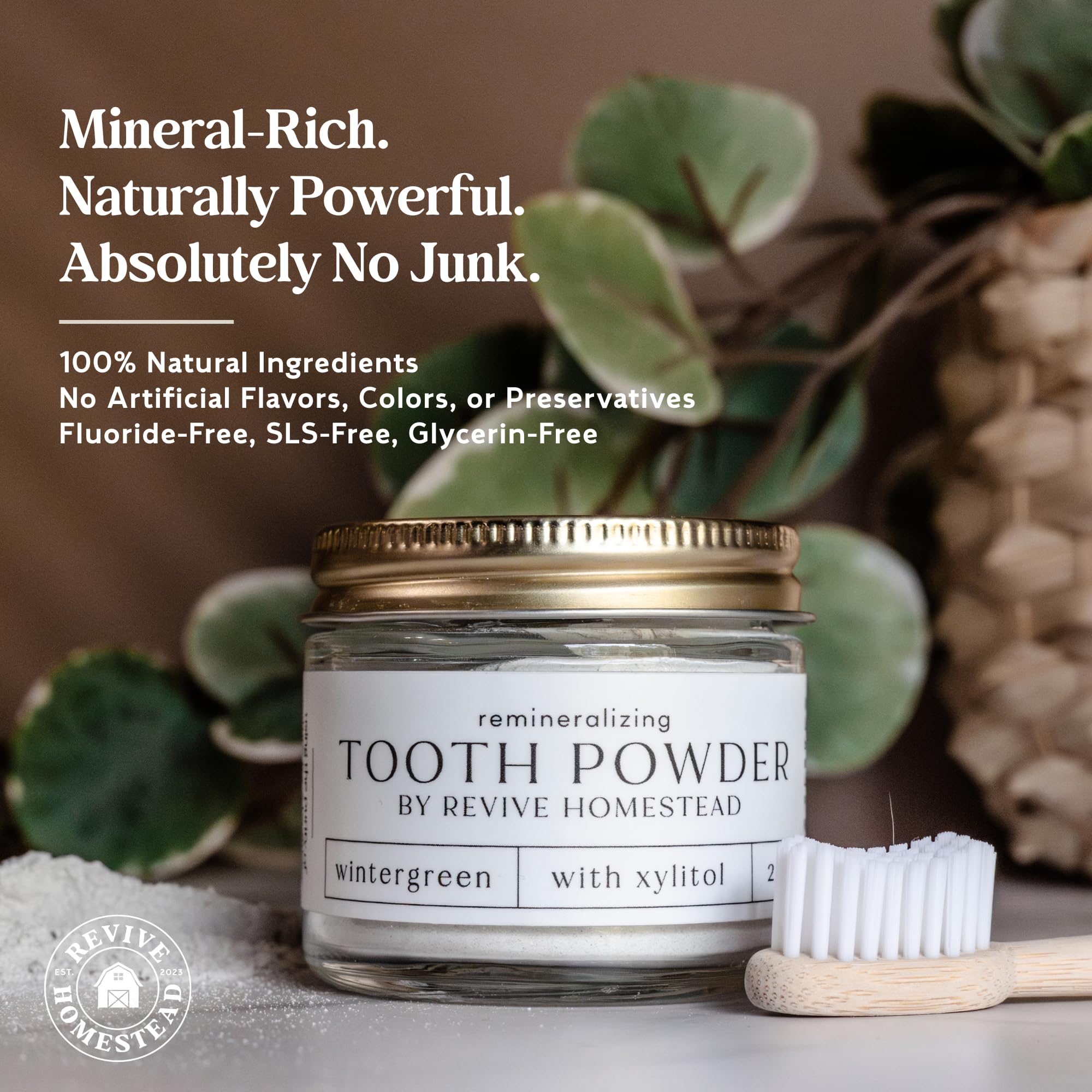 Hydroxyapatite Tooth Powder in amber jar packaging