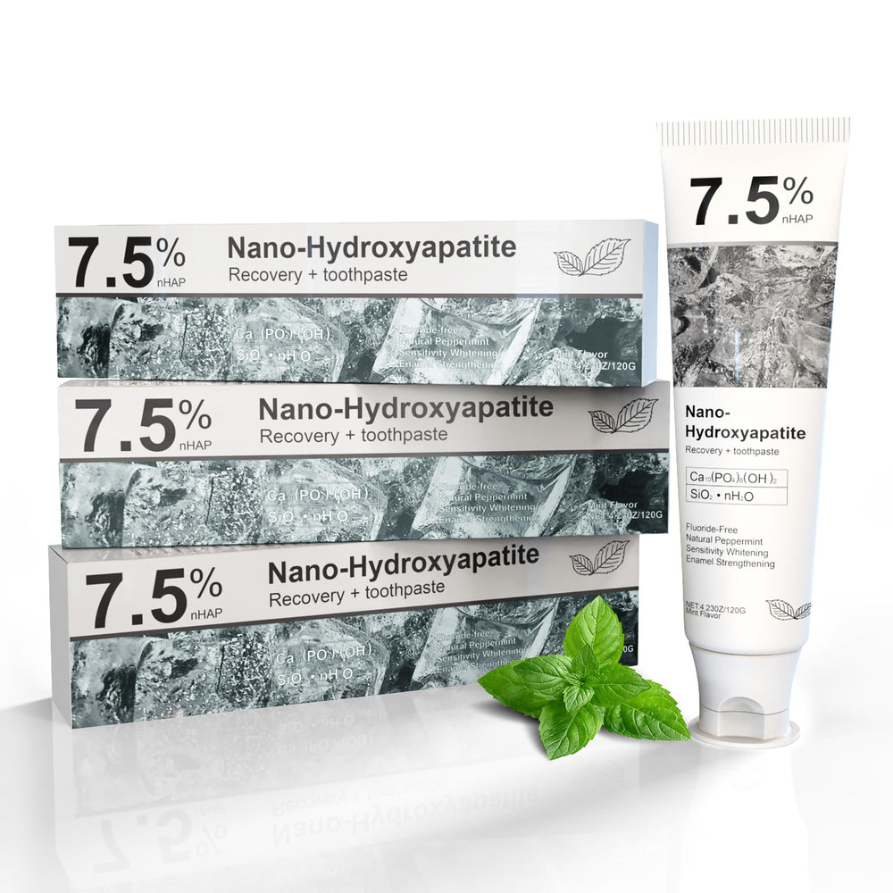 Product shot of Hydroxyapatite toothpaste tube and packaging