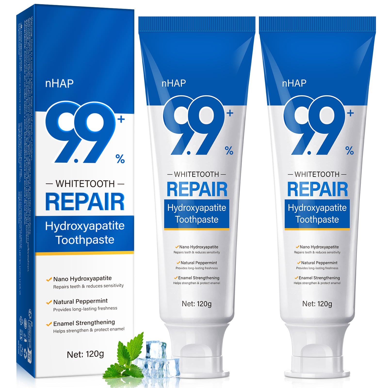 Two-pack hydroxyapatite toothpaste bottle with enamel repair imagery