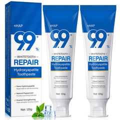 Two-pack hydroxyapatite toothpaste bottle with enamel repair imagery