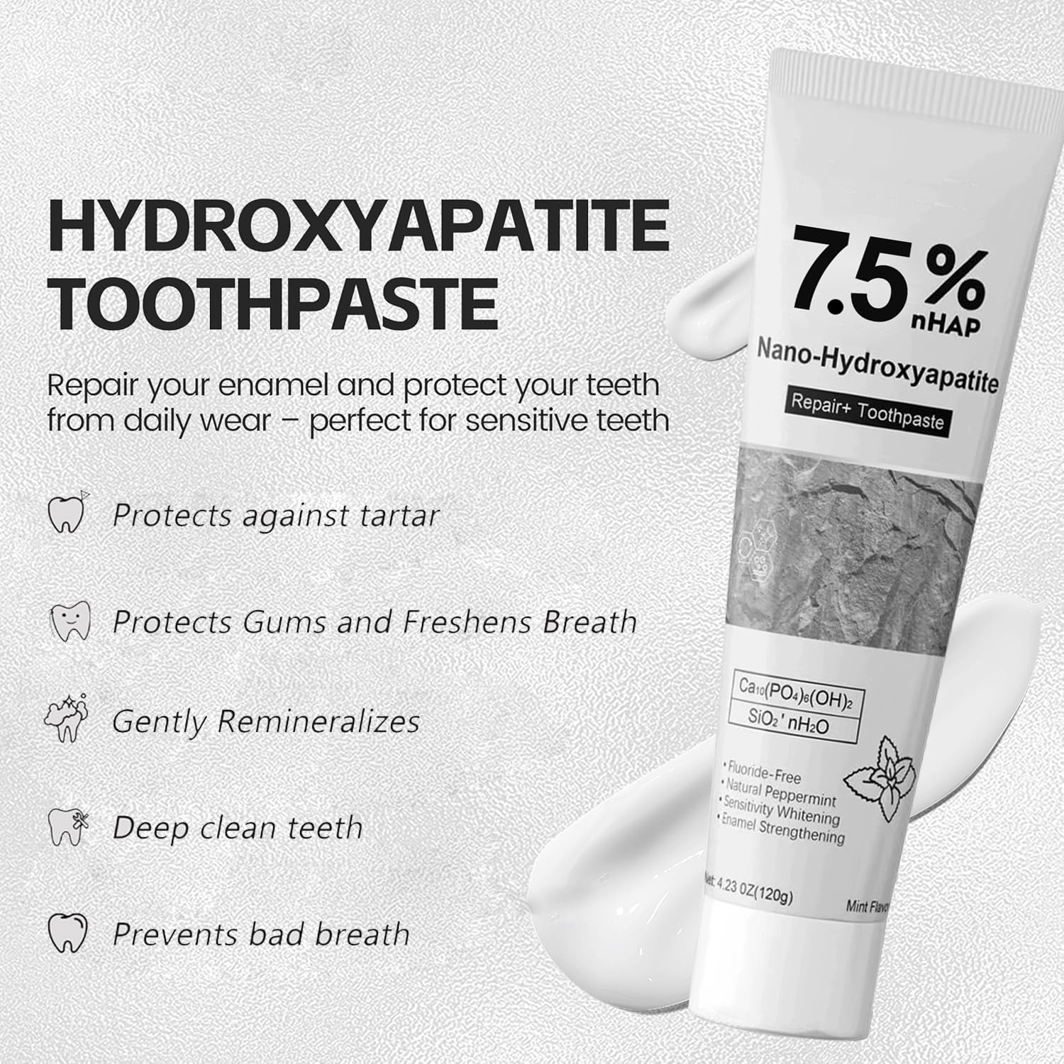 Close-up of enamel protection with hydroxyapatite toothpaste