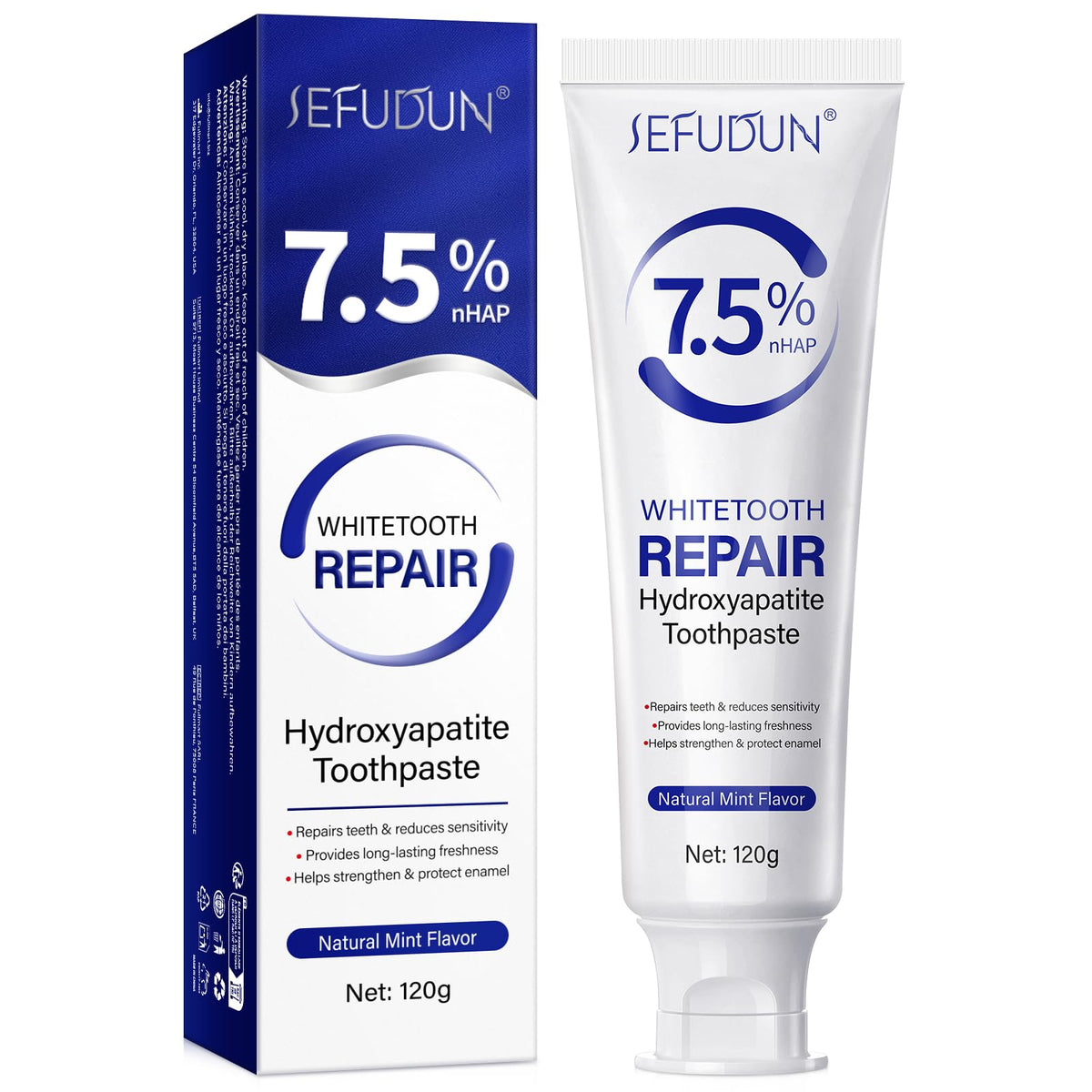 Front view of Hydroxyapatite Toothpaste 7.5% tube