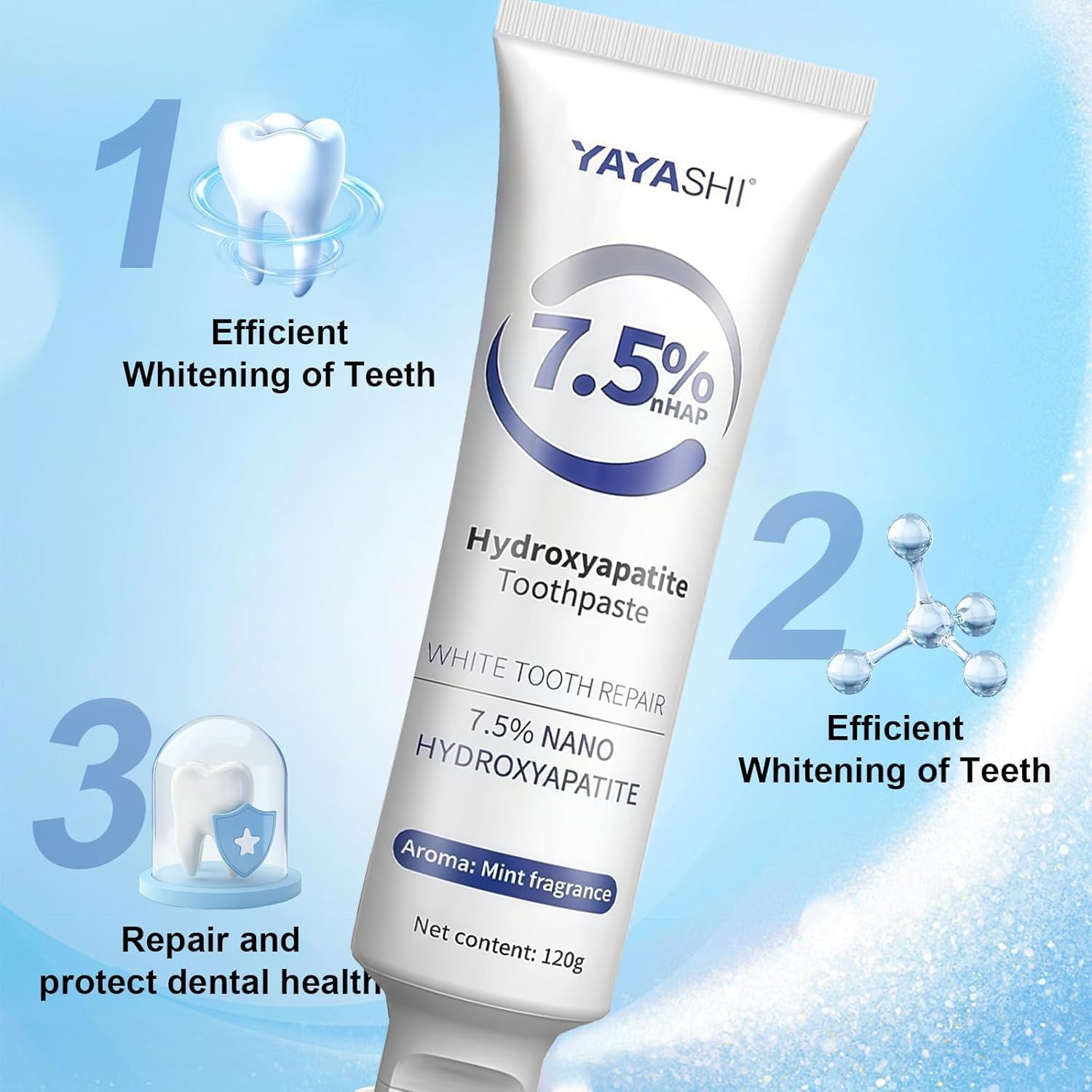 Packaging highlighting enamel protection and fluoride-free formula.