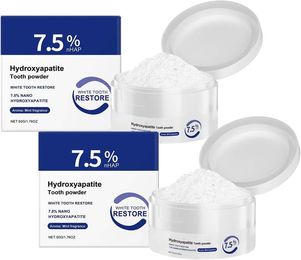 Jar of hydroxyapatite toothpaste powder with scoop