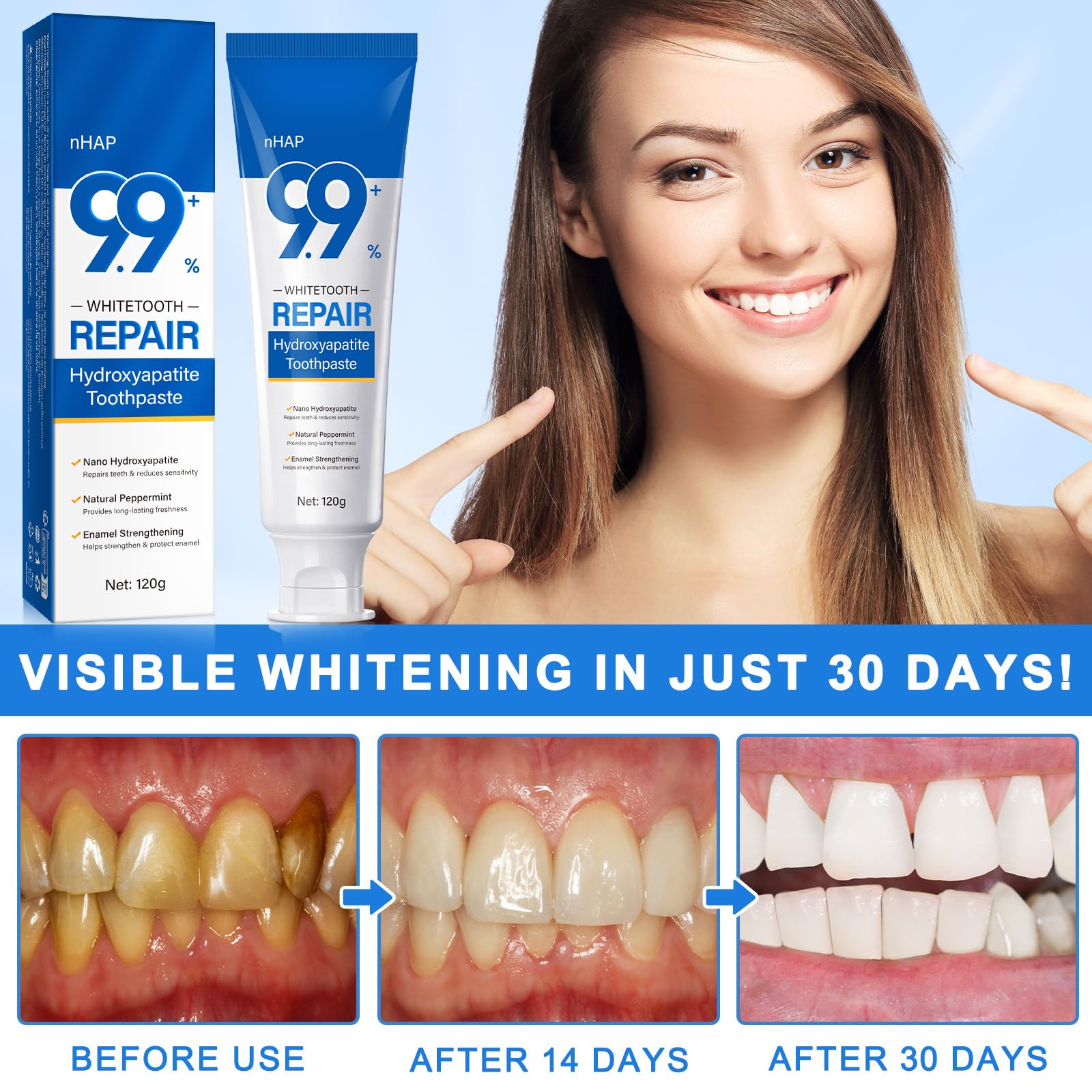 Tube of nano hydroxyapatite toothpaste on bathroom counter