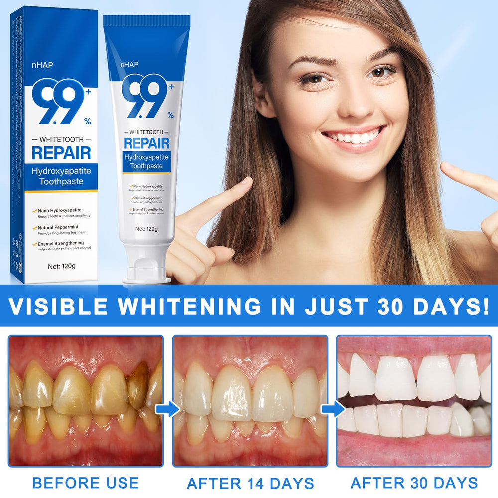 Tube of nano hydroxyapatite toothpaste on bathroom counter