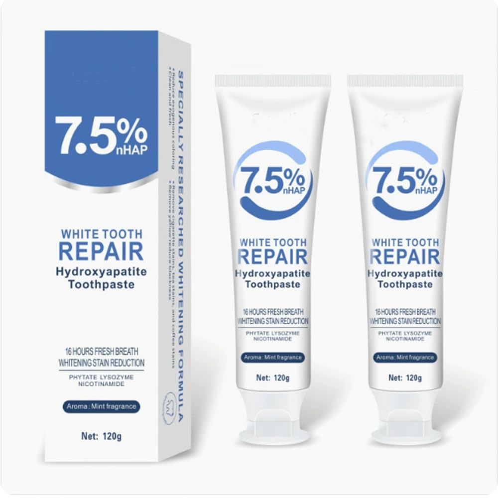 Hydroxyapatite toothpaste tube displaying 7.5% formula