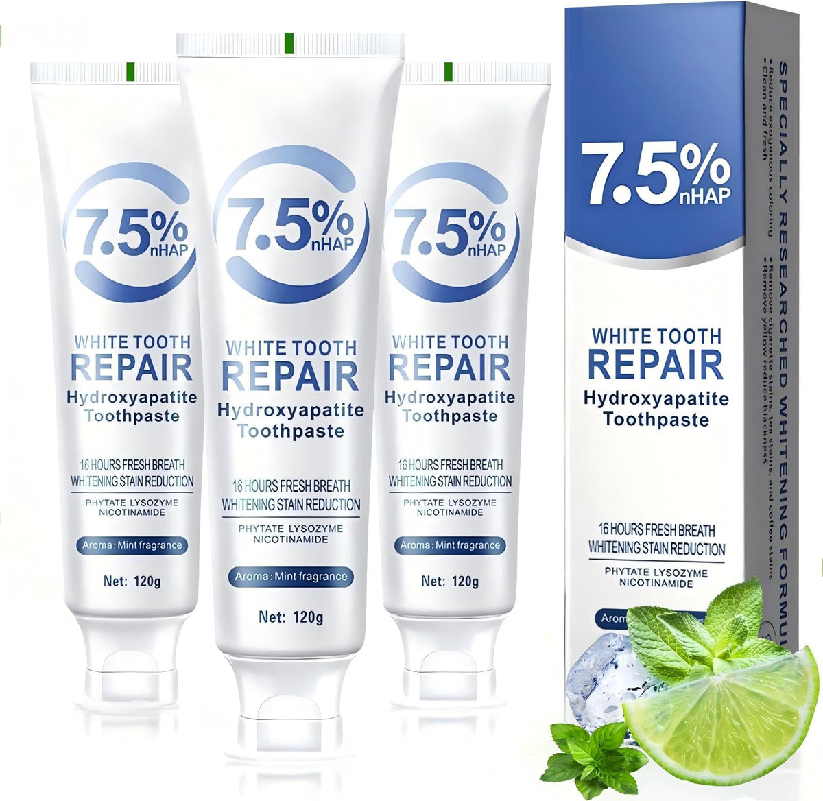 Tube of 7.5% hydroxyapatite toothpaste with enamel protection