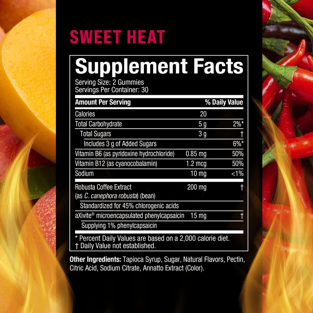 Gummies close-up showing Sweet Heat mango flavor