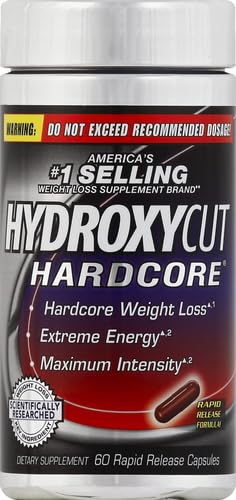 Hydroxycut Hardcore capsules spilling from bottle